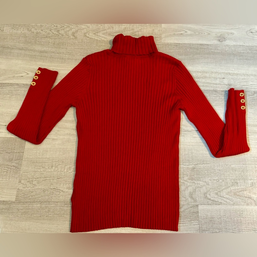 Ellen Tracy Red Ribbed Fitted Turtleneck w/Gold Logo Buttons on Sleeves. Size L. - Picture 3 of 4